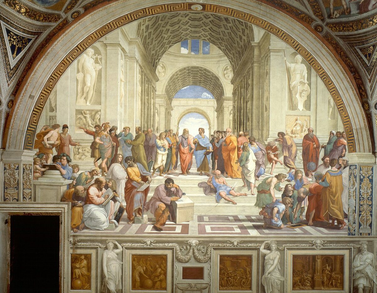 The College of Athens (1509-1511) by Raffaello, featuring prominent Greek philosophers in a beautiful room setting inspired by works of Ancient Greek architecture