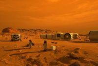 Illustration of astronauts and human habitat on the planet Mars. Maybe one day this concept can be realized thanks to plasma technology for processing local resources to produce products on Mars.