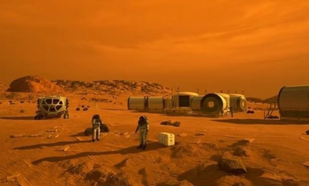 Illustration of astronauts and human habitat on the planet Mars. Maybe one day this concept can be realized thanks to plasma technology for processing local resources to produce products on Mars.
