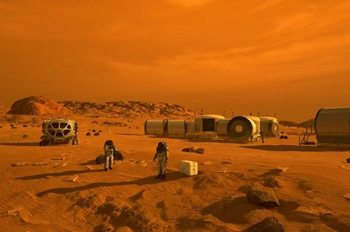Illustration of astronauts and human habitat on the planet Mars. Maybe one day this concept can be realized thanks to plasma technology for processing local resources to produce products on Mars.